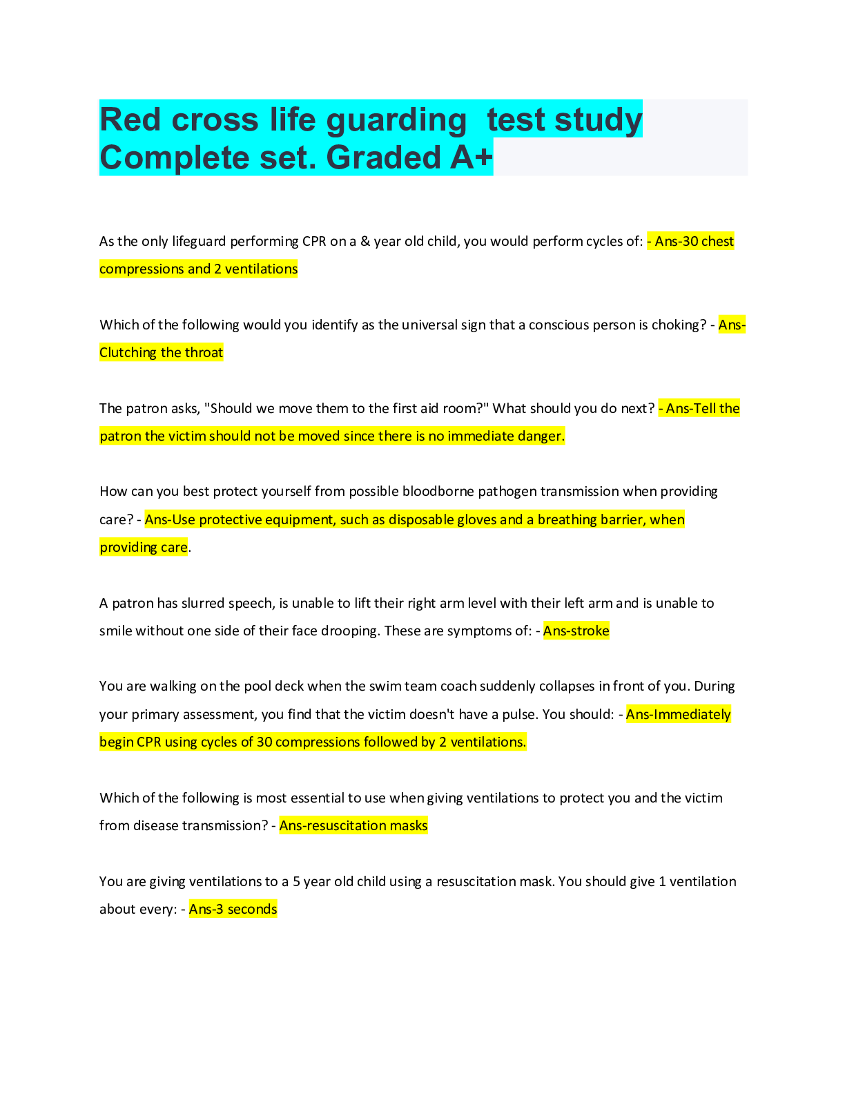 Preview image of Red cross life guarding test study Complete set. Graded A+ document